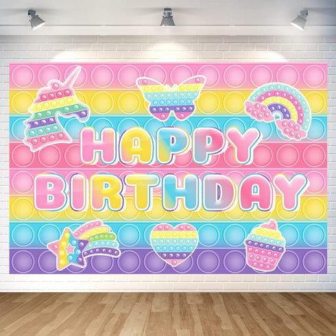 Pop Birthday Party Decorations,Macaron Pastel Pop Push Backdrop 5x3Ft for Girls Boys Kids Adults Rainbow Popper Pop Fidget Toy Birthday Party Supplies Happy Birthday Banner Photography Background