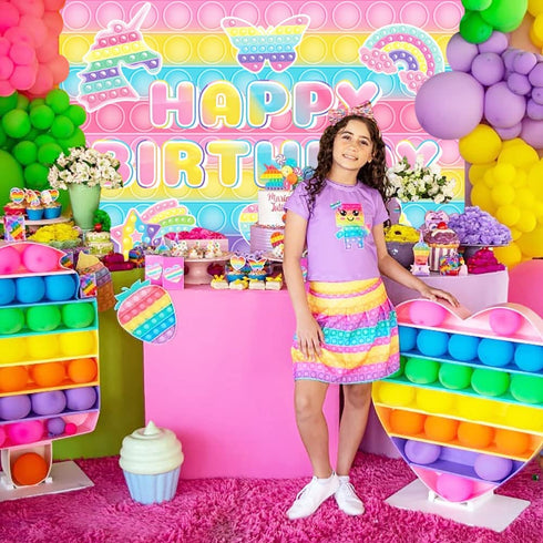 Pop Birthday Party Decorations,Macaron Pastel Pop Push Backdrop 5x3Ft for Girls Boys Kids Adults Rainbow Popper Pop Fidget Toy Birthday Party Supplies Happy Birthday Banner Photography Background