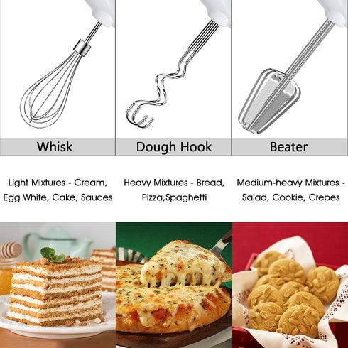Hand Mixer Electric 120W Handheld Mixer 5 Speeds for Baking Cake Egg Cream Food Beater, Turbo Boost/Self-Control Speed + 5 Speed + Eject Button + 5 Stainless Steel Accessories