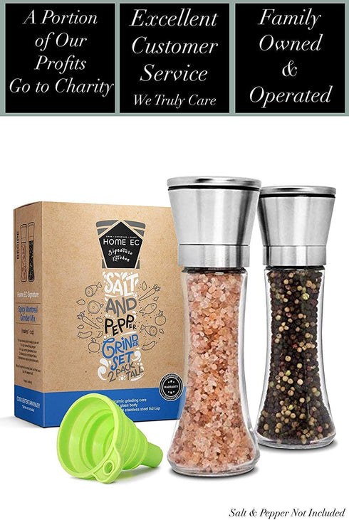 HOME EC Premium Stainless Steel Salt and Pepper Grinder Set of 2 - Adjustable Ceramic Sea Salt Grinder & Pepper Grinder - Tall Glass Salt and Pepper Shakers - Pepper Mill & Salt Mill W/Funnel & Ebook