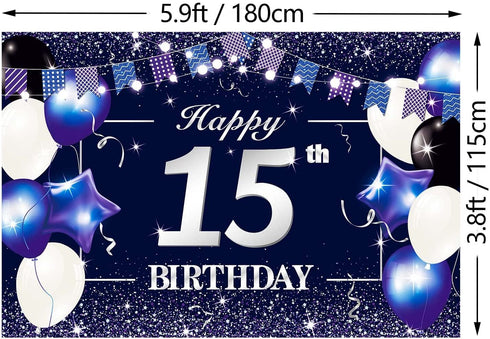 Happy 15th Birthday Banner Backdrop Sign Background 15 Birthday Party Decorations Supplies for Boys Teenagers 6 x 4ft Blue Purple