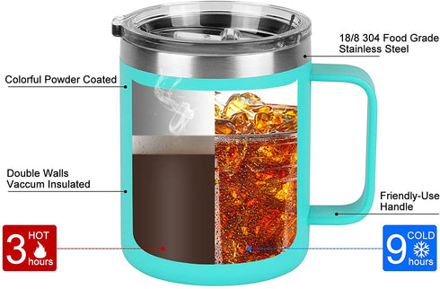 2 Pack Stainless Steel Coffee Mugs with Handle, 12Oz Insulated Coffee Mug, Double Wall Vacuum Insulated Camping Mug with Lid, Thermal Coffee Mug for Coffee, Tea, Hot and Cold Drinks (Aqua Blue)
