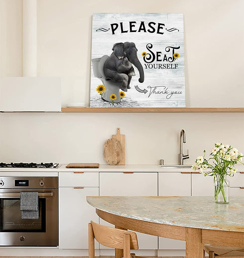 ZEREAA Bathroom Pictures for Wall Decor Sign Please Seat Yourself, Framed Funny Bathroom Wall Art Elephant Sit on Toilet Grey Canvas Wall Art for Bedroom Living Room Kitchen Office, 14x14inch