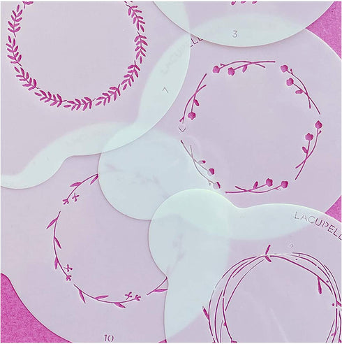 Lacupella 10 pieces Wreath Stencil Set for Cookie Wood Canvas Decorating Artist Art and Craft Monogram Wedding Birthday - Food Grade Reusable Mylar Template - DIY Mixmedia