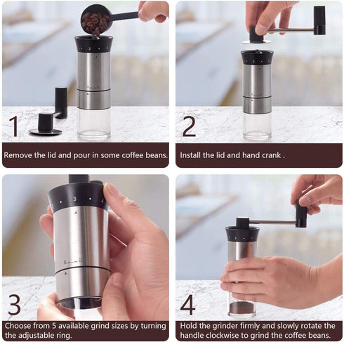LHS Manual Coffee Grinder Stainless Steel Portable Hand Crank Coffee Mill Grinder Ceramic Conical Burr with Adjustable Coarseness for Home, Office or Traveling