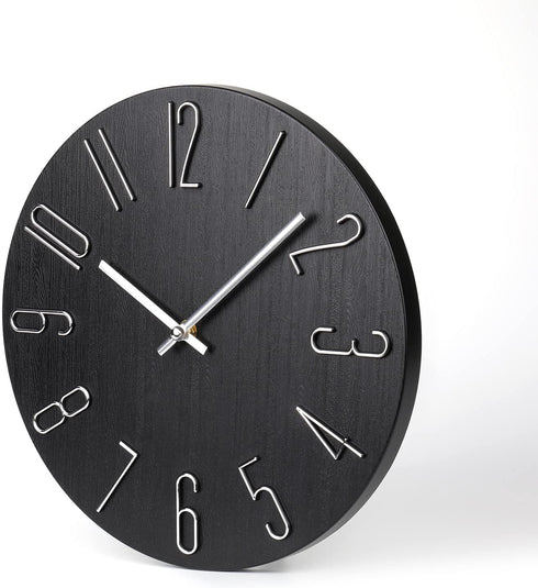 Wall Clock 12" Silent Non-Ticking Modern Style Wooden Wall Clocks Decorative for Office Home Bedroom School (Black)