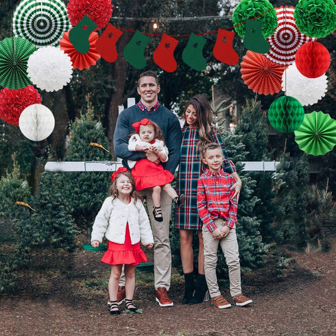 ADLKGG Christmas Party Decorations Hanging Paper Fans Christmas Socks Banner Pom Poms Flowers Paper Honeycomb Balls for Birthday Home Garden Indoor Outdoor New Years Eve Party Decor, 16pcs