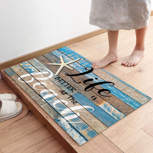 Fangship Indoor Doormat Front Door Welcome Mat Ocean Coastal Starfish Beach Retro Wood Grain Life is Better at The Beach Non Slip Floor Mat Entryway Rug Durable Low-Profile Mat Home Decor- 16" x 24"