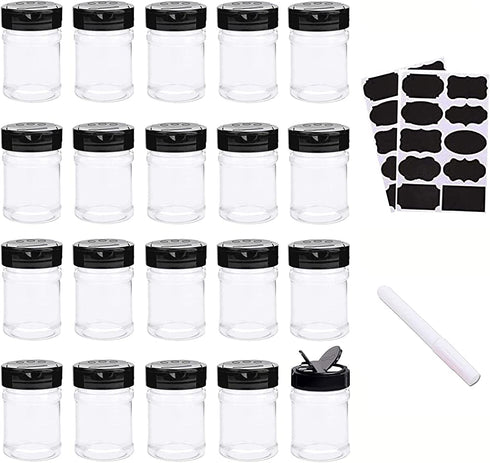 Abgream Plastic Spice Jars - 20 Pack Clear Containers Condiment Pots BPA free with Black Caps, Chalkboard labels, Chalk Marker for Storing Spice, Herbs, Salt, Pepper (5 oz)