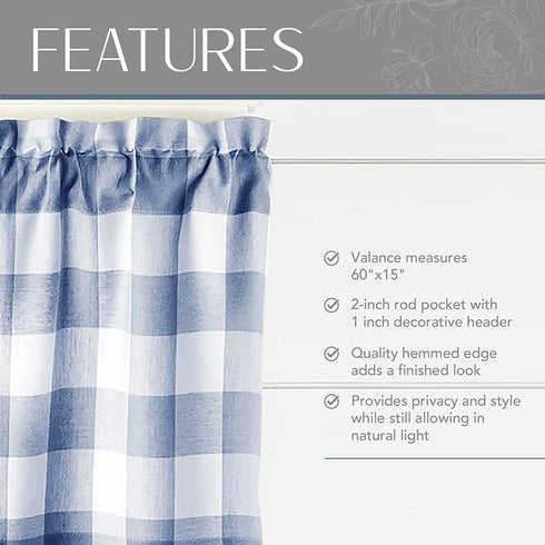Elrene Home Fashions Farmhouse Living Buffalo-Check Valance, Bathroom or Kitchen Valance for Windows, 60" x 15" (1 Valance), Blue/White