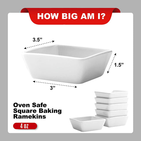 Bruntmor Ceramic Square Baking Ramekins for Souffl©, Cr¨me Brulee, Jams, Dipping Sauces, French Onion Soup Oven Safe, Appetizer Sauce Dipping Bowls, (4 Oz, Set of 6), White