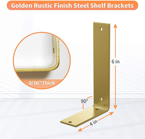 Gold Heavy Duty Shelf Brackets 6 x 4 Inch, Rustic Gold Iron L Shelf Bracket, Industrial Modern Metal Floating Shelf with Hardware for DIY Open Shelving, 4 Pack