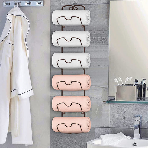 Bextsrack Towel Rack Wall Mounted Metal Wine Rack Towel Shelf Holder Storage with 6 Compartments for Bathroom Hand Towels, Washcloths - Bronze