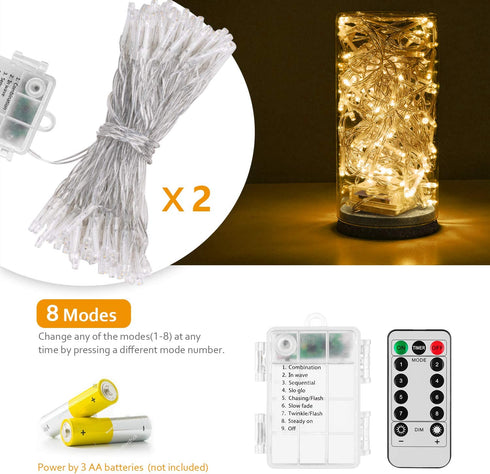 Koxly String Lights, 2 Pack Battery Operated String Lights with Remote Timer Waterproof 8 Modes 36ft 100 LED String Lights for Bedroom,Garden,Party,Xmas Tree Indoor Outdoor Decorations, Warm White