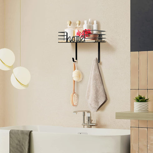 TJ.MOREE Ironing Board Hanger Wall Mount - Laundry Room Iron and Ironing Board Holder with Large Storage Wooden Base Basket and Removable Hooks (Black)