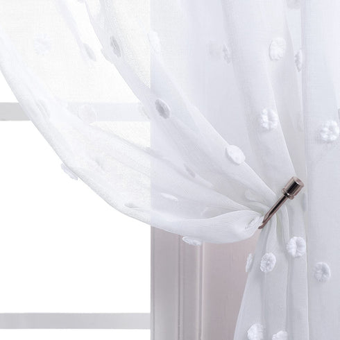 White Boho Curtains 96 Inches Long for Living Room Set 2 Panels Pocket Semi Sheer Pretty Crinkle Pom Dot Floral Curtains for Front Windows Aesthetic Bedroom Girls Decorations Decor 8 FT Floor Length