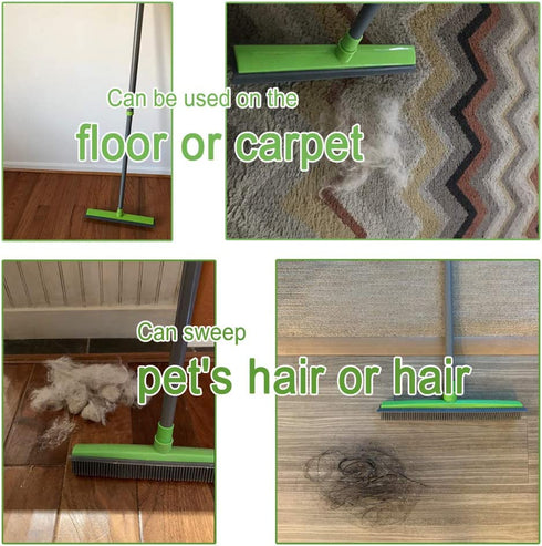 Pet Hair Removal Rubber Broom with Squeegee,Soft Push Broom,Pole:59'' ,Carpet Sweeper, Adjustable Long Handle, Removal Pet Human Hair,Green