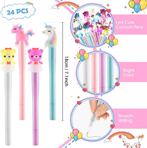 24 Pieces LED Cartoon Animal Pens Unicorn Bear Flashing Gel Ink Pens Light up Glow in The Dark Pen Flashing Toys Party Favors Christmas Stocking Stuffer for Goodie Bags Birthday Office School Supplies