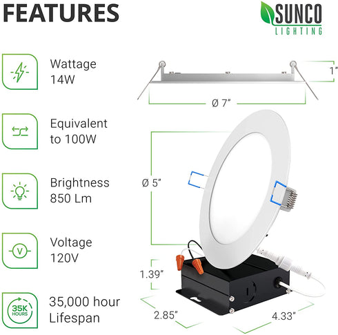 Sunco Lighting 6 Inch Slim LED Downlight with Junction Box, 14W=100W, 850 LM, Dimmable, 5000K Daylight, Recessed Jbox Fixture, Simple Retrofit Installation - ETL & Energy Star 2 Pack