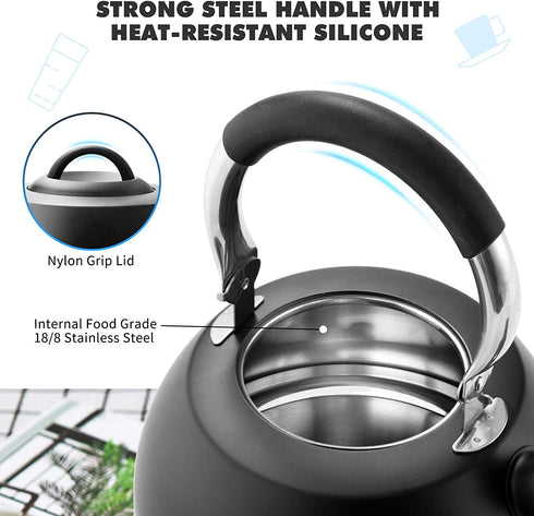Suyika Tea Kettle Stovetop 3 Quart Stainless Steel Whistling Tea Pots for Stove Top with Cool Touch Ergonomic Handle Teapot - Black
