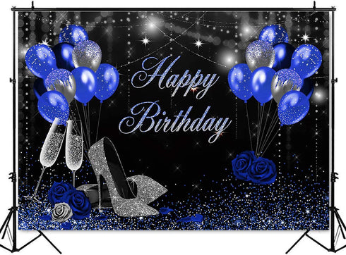 Mocsicka Blue and Birthday Backdrop for Women Silver High Heels and Blue Balloons Birthday Party Decoration for Girl Blue Rose Happy Birthday Party Banner Supplies (7x5ft (82x60 inch))