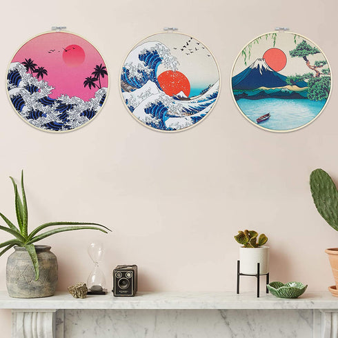 3 Pcs Japanese Wall Art Great Wave Sunset Canvas Art Prints with Frame, Sunrise Lake Landscape Nature Wall Art Painting with Hanging Roping and Nails Wall Hanging for Room(10.8x10.8 inches)
