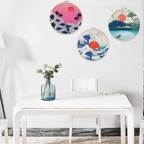 3 Pcs Japanese Wall Art Great Wave Sunset Canvas Art Prints with Frame, Sunrise Lake Landscape Nature Wall Art Painting with Hanging Roping and Nails Wall Hanging for Room(10.8x10.8 inches)