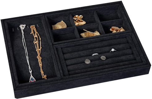 VIEFIN Jewelry Organizer Jewelry Box For Women Girls, Earring Organizer Ring Bracelet Holder Travel Jewelry Case, Velvet Stackable Necklace Jewelry Gift Boxes Dishes Display Trays Closet Storage For Teen Girls Kids Men - 3 in 1, Black