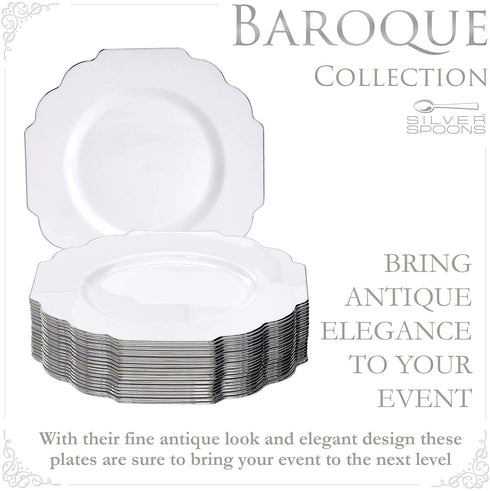 WEDDING DESSERT PLATES DISPOSABLE | Baroque Collection White | 10 PC - 6.5?