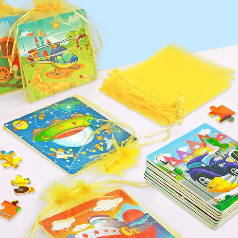 Vileafy Children Party Favors, Puzzles for Toddlers 2-4 Years Old, Wooden Kindergarten Puzzles for Boys and Girls, 12-Pack Toddlers Puzzles with Individual Storage Tray & Organza Bags