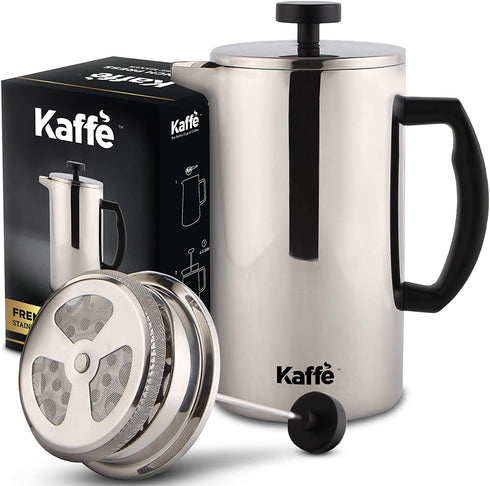 Kaffe French Press Coffee Maker. Food-Grade Double-Wall Stainless Steel (6 Cups 0.8L). Extra Filter Included!