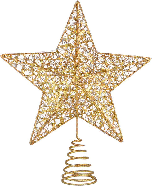 Toyvian Christmas Tree Topper Lighted Star - Gold Glitter Treetop Star LED Star Shape Light Hollow Star Xmas Party Decoration, 11.8 x 9.8 Inch, Gold