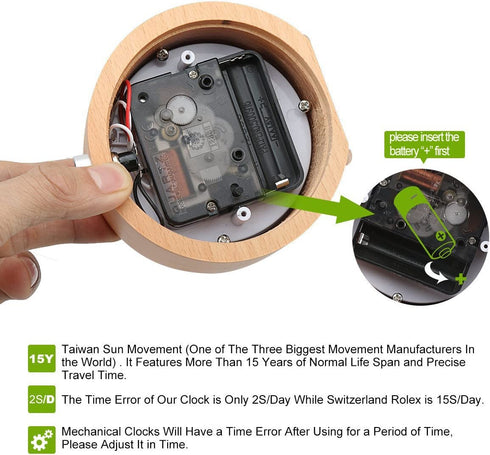 ECVISION Handmade Classic Small Round Silent table Snooze beech Wood Alarm Clock with nightlight