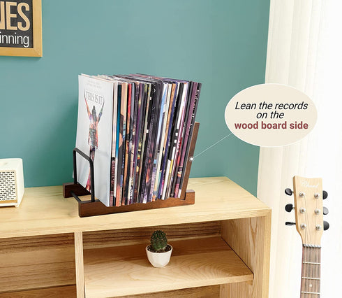 Mkono Vinyl Record Storage Holder Modern Album Display Solid Wood Stand with Black Metal Rack Farmhouse Home Decor Organizer for Vinyl Record, Holds up to 30 Albums, 11.8''L x 7''W x 8.6''H, Brown