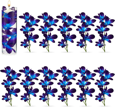 Blue Purple Faux Flowers Blue Orchid Flower Vase Fillers Faux Purple Orchid Wedding Table Centerpieces Filling for Floating Candles Wedding Birthday Party Table Decorations (16 Pieces)