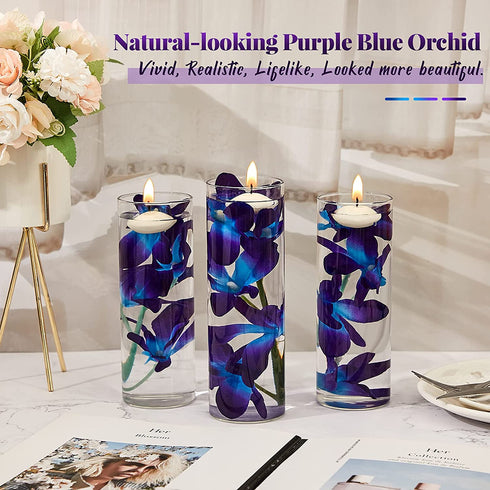 Blue Purple Faux Flowers Blue Orchid Flower Vase Fillers Faux Purple Orchid Wedding Table Centerpieces Filling for Floating Candles Wedding Birthday Party Table Decorations (16 Pieces)