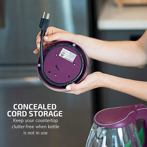 Ovente Electric Kettle Hot Water Boiler 1.5 Liter BPA Free Borosilicate Glass Fast Boiling Countertop Heater with Automatic Shut Off & Boil Dry Protection for Tea Coffee Milk Noodle, Purple KG83P