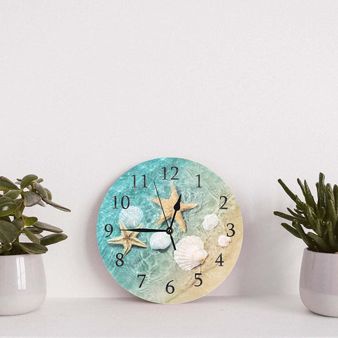 ATEDEANEI Bathroom Wall Clock, Small Silent Battery Operated Teal Decor for Living Room,Kitchen,Bedroom,10 Inch,Beach Starfish