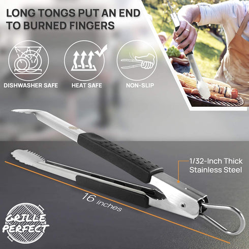Extra Long (16 Inch) Stainless Steel Tongs For Grilling - Heavy Duty BBQ Utensil with 3-sided Silicone Safety Grips