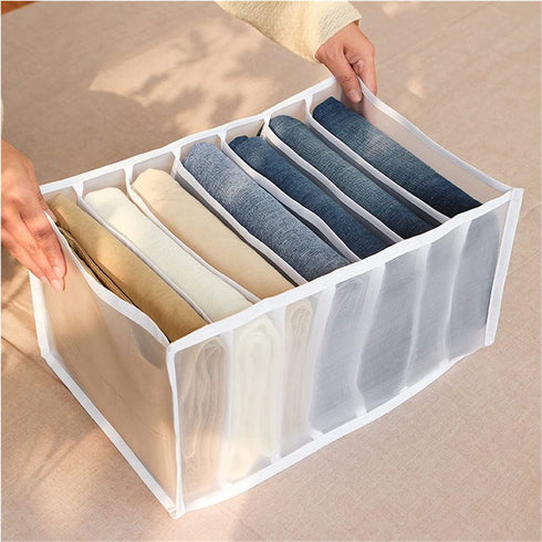 Clothes Organizer, Washable Wardrobe Clothes Organizer,Jeans Compartment Storage Box,Foldable Closet Drawer Organizer Clothes Drawer Mesh Separation Box (2 X jeans with 7 Grids-Large, White)