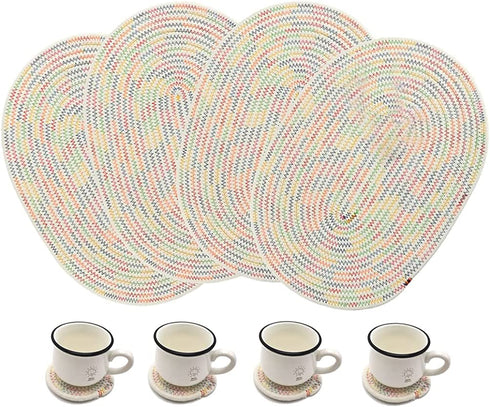 Oval Woven Placemats Set of 4, Cotton Rope Weave Placemats with 4 Pack Round Fabric Coasters Heat-Resistant Non Slip Plait Table Mats Rustic Placemats for Kitchen Table (Rainbow)