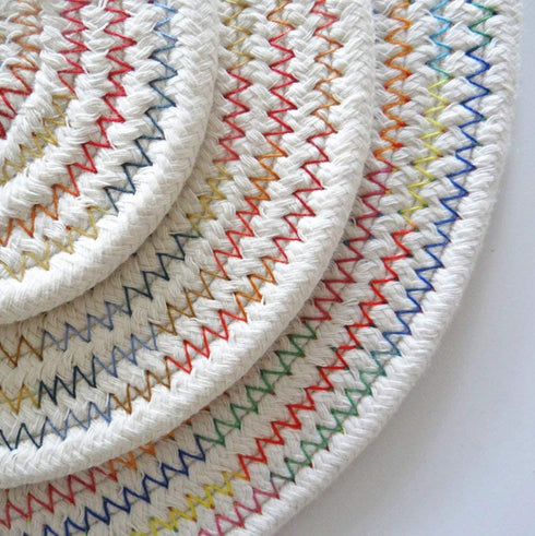 Oval Woven Placemats Set of 4, Cotton Rope Weave Placemats with 4 Pack Round Fabric Coasters Heat-Resistant Non Slip Plait Table Mats Rustic Placemats for Kitchen Table (Rainbow)
