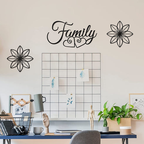 3 Pieces Family Metal Wall Sign Black Metal Family Word Wall Art Metal Family Wall Hanging Sign, 2 Pieces Black Metal Flower Wall Sculpture for Home Dining Room Kitchen Door Decorations Wall Decor