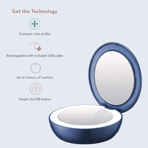 Conair Unbound Rechargeable Compact LED Lighted Makeup Mirror, 1x/3x Magnification, Blue