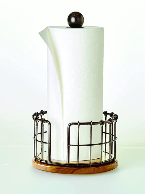 Pfaltzgraff Anvil Wire And Acacia Wood Paper Towel Holder, 13.25-Inch, Antique Black