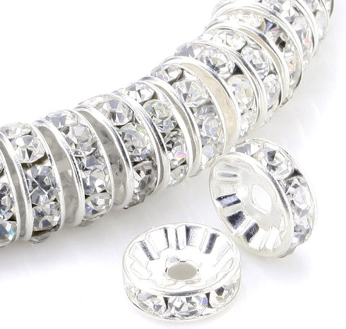 Allb 100Pcs Rondelle Spacer Beads 4mm Silver Plated Czech Crystal Rhinestone for Jewelry Making Loose Beads for Bracelets