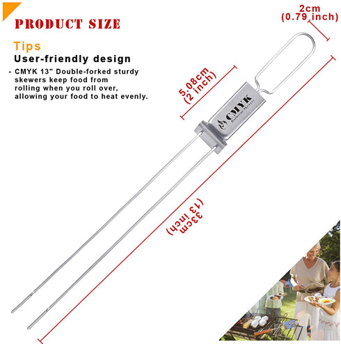 CMYK Barbecue Skewers, 6-Pack 13" Stainless Steel Grilling Skewers with Slider, Reusable Metal BBQ Shish Kebab Skewer Sticks