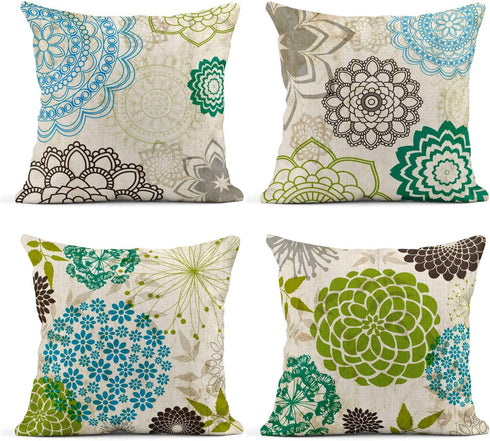 Tarolo Set of 4 Linen Throw Pillow Cover Case Sparklers Floral Patterns Decorative Pillow Cases Covers Home Decor Square 20 x 20 Inches Pillowcases