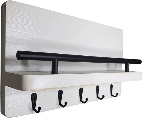 Ripple Creek Key Holder for Wall and Mail Shelf, Decorative Wooden Wall Rack for Keys, Letters, Bills - Pine Wood Unique and Industrial Decor, Perfect for Entryway, Kitchen (Washed White, Large)