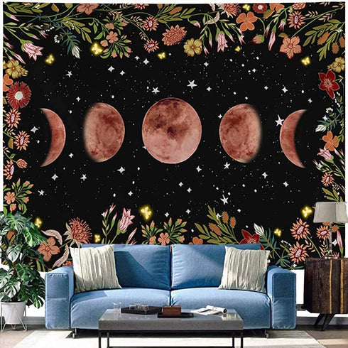 ENJOHOS Moonlit Garden Tapestry Moon Phase Surrounded by Vines and Flowers Black Background Wall Art Hanging for Girls Bedroom Living Room Dorm Decor(79x59 inches,Beautiful Moonlit)